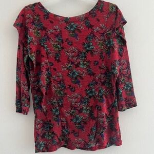 FREE PEOPLE Women Size Large Floral Red Top Long Sleeve Rufle